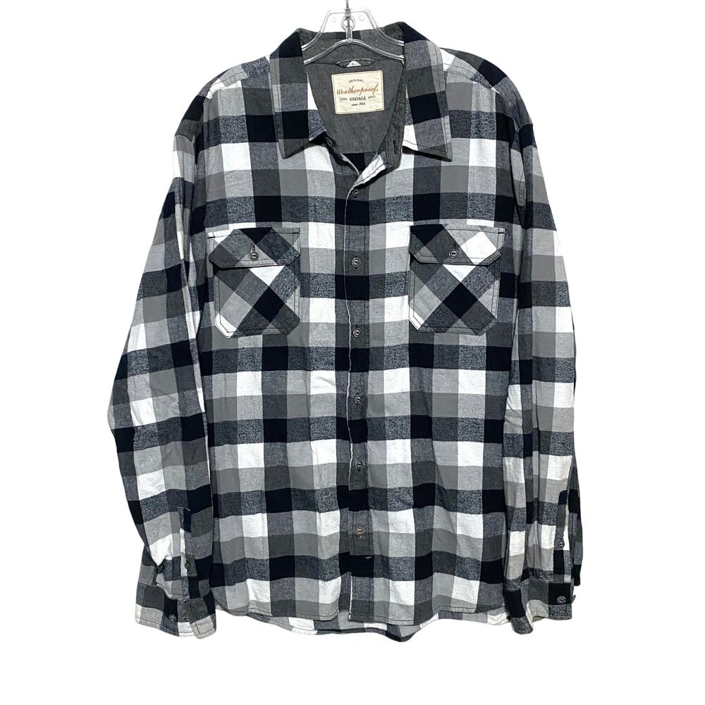 Weatherproof Vintage Black White Gray Checks Button Shirt Mens XXL Front Pockets